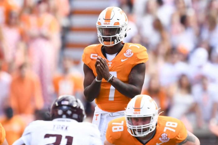 Tennessee quarterback Joe Milton (No. 7) waits for a snap against Texas A&M at Neyland Stadium in Knoxville. Tenn.